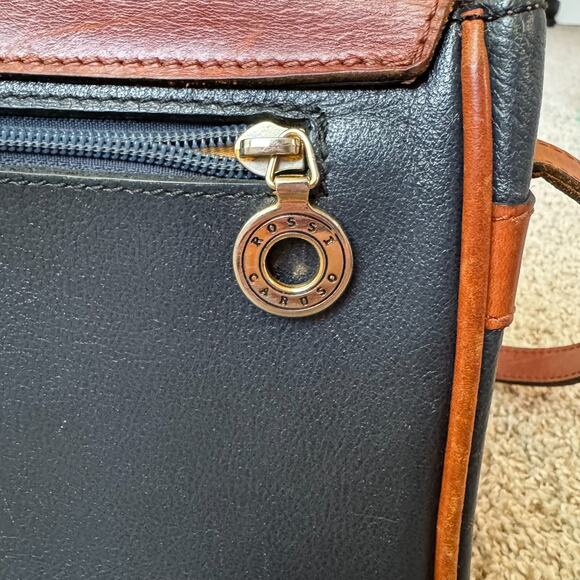 Rossi & Caruso Vintage 100% Leather Crossbody Bag Two-Tone Brown Navy Buckle - Picture 11 of 16